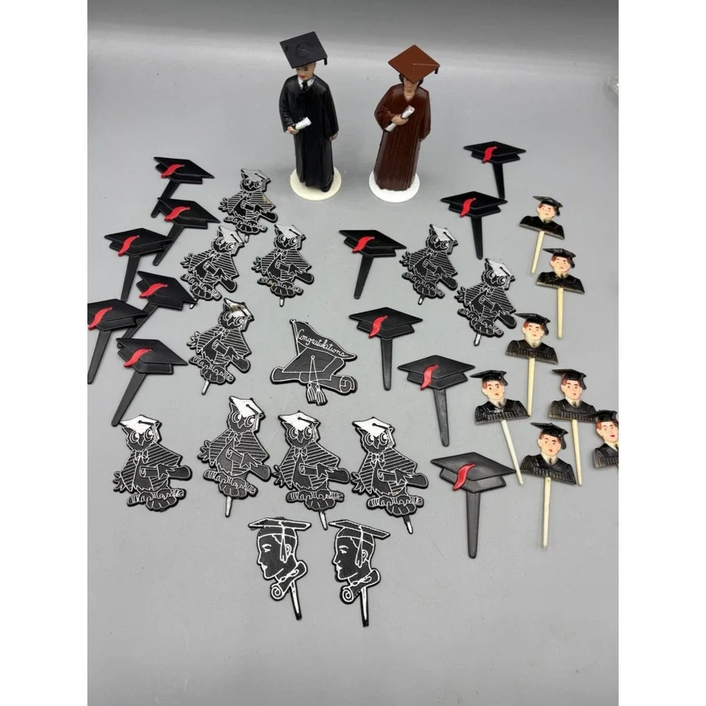 Lot Vintage Graduation Themed Cupcake Picks‎ & Cake Toppers Set Black